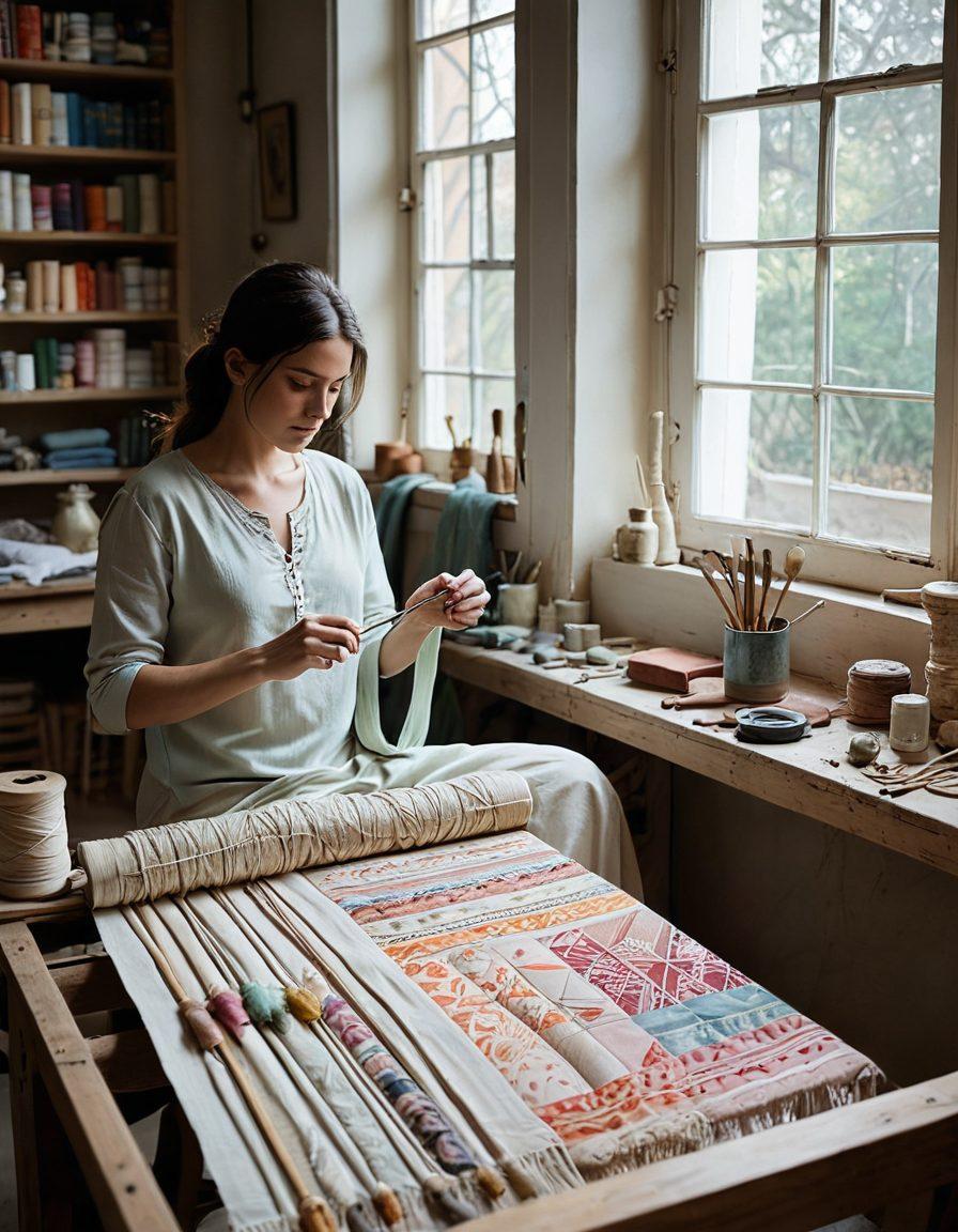 A serene textile workshop filled with a variety of vibrant fabrics and delicate threads, showcasing an artisan at work, meticulously weaving intricate patterns. Soft natural light filters through a large window, illuminating the elegant textures and colors of the materials. The atmosphere exudes creativity, passion, and the essence of craftsmanship. Include a variety of thread spools in soft pastel colors and ornate tools scattered around. painting. soft colors. warm light.