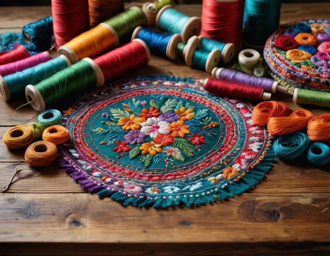 A captivating close-up of colorful, intricately embroidered textiles laid out elegantly on a rustic wooden table, with delicate sewing tools like needles and threads scattered around. Soft natural light bathes the scene, highlighting the textures and patterns of the fabric, showcasing the artistry and craftsmanship involved in textile creation. A hint of lush greenery in the background adds depth and harmony to the composition. vibrant colors. super-realistic.