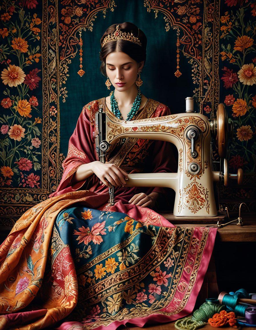 A majestic tapestry representing the journey from delicate threads to beautifully crafted garments, featuring intricate embroidery, sewing tools, and a vibrant color palette showcasing various fabrics. The background is filled with soft, diffused light to evoke an artistic atmosphere, capturing the essence of craftsmanship. super-realistic. vibrant colors. soft focus.